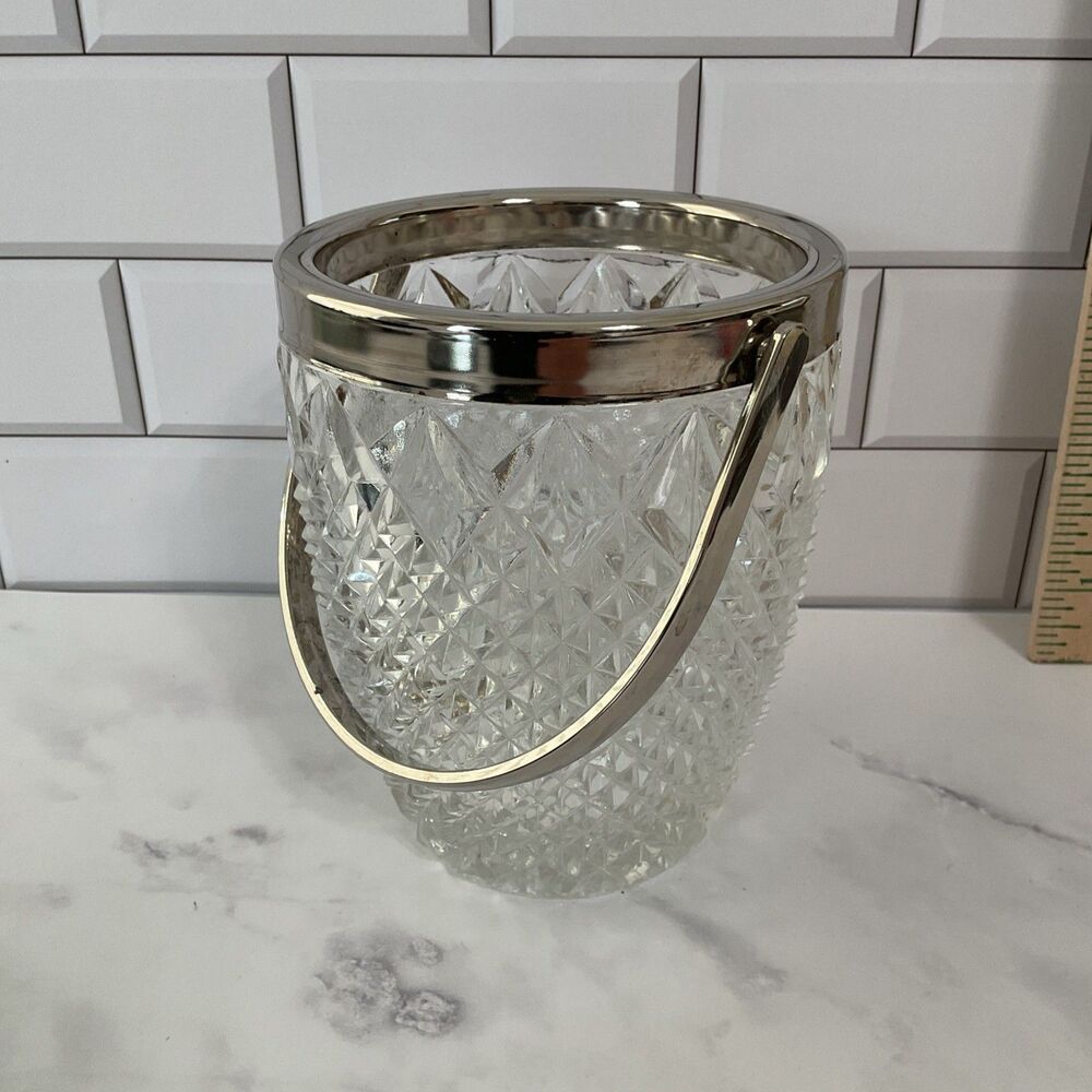 Vintage Clear Cut Glass Ice Bucket Diamond Pattern 6” Silver Handle Beautiful